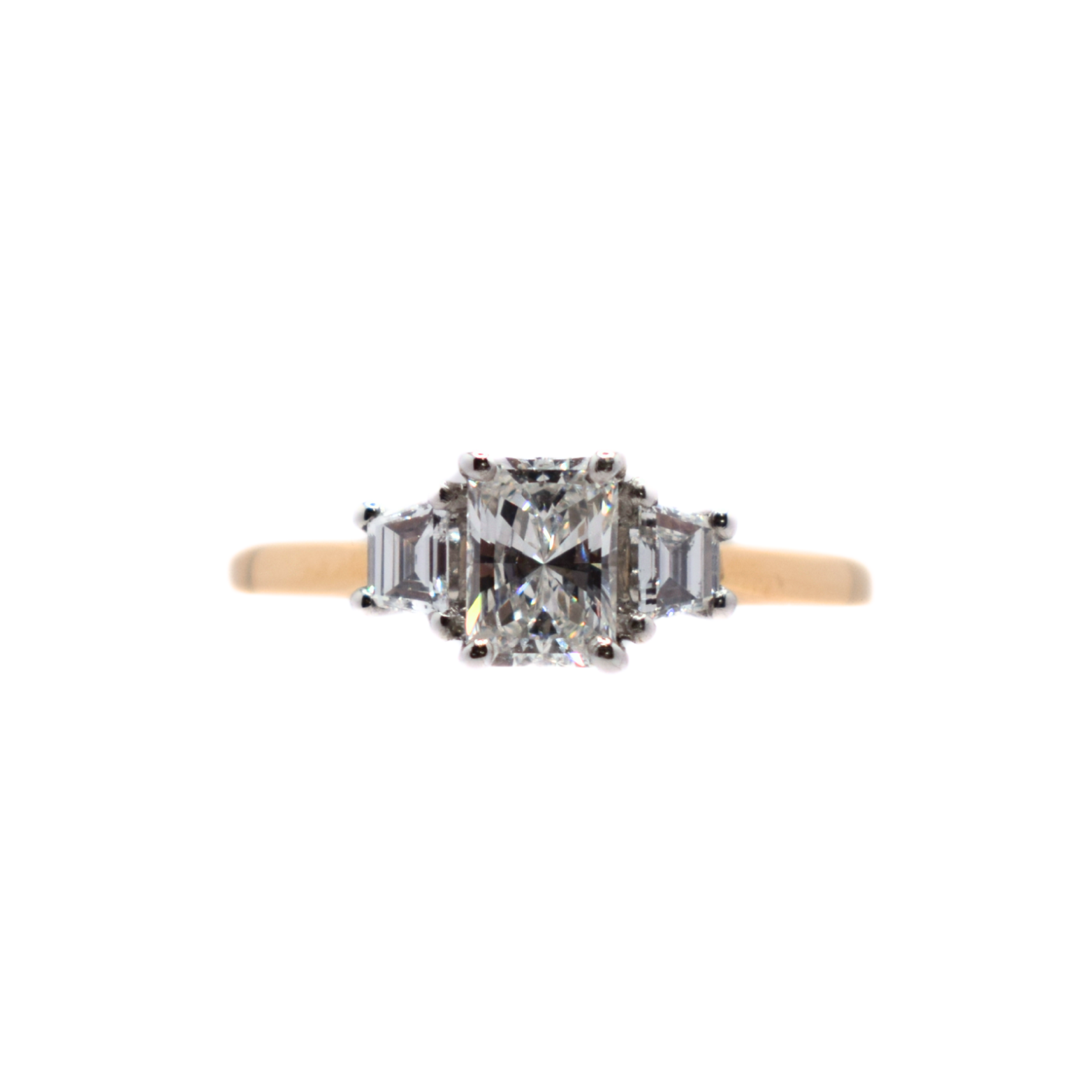 18ct Yellow Gold & Platinum Radient & Trapeziod Diamond Trilogy Ring