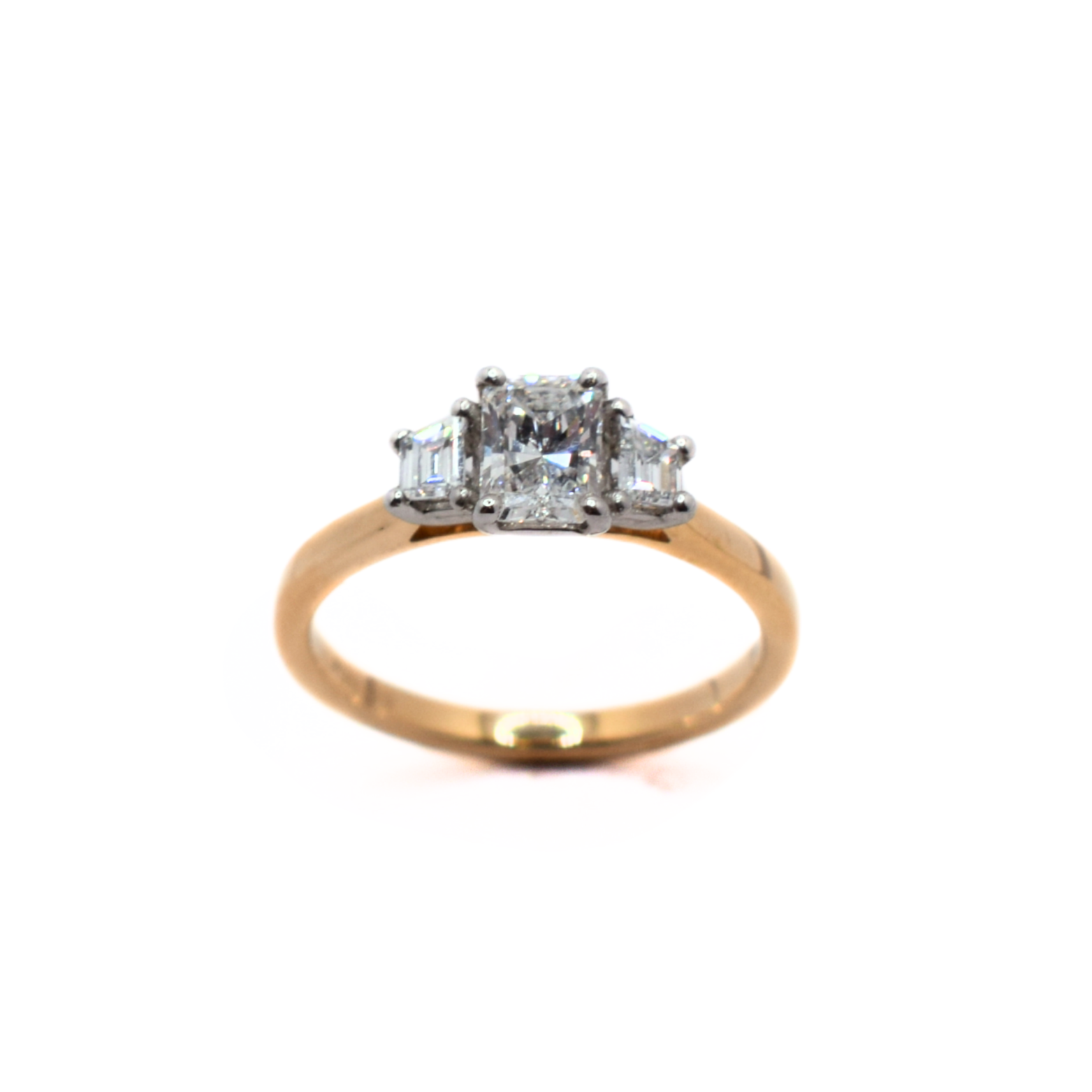 18ct Yellow Gold & Platinum Radient & Trapeziod Diamond Trilogy Ring