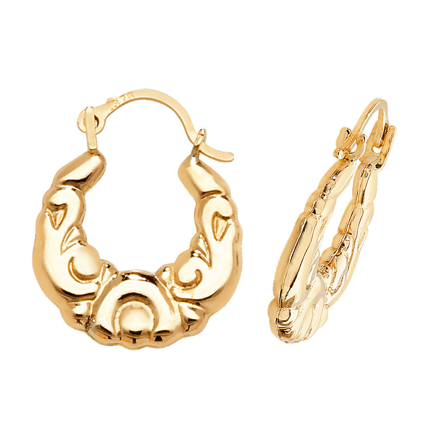 Scroll Design Creole Hoops In 9ct Yellow Gold