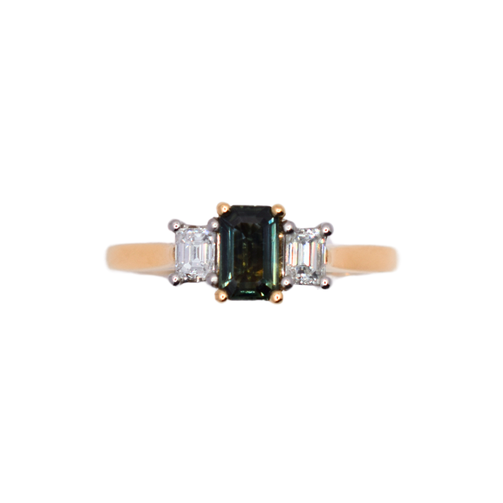 18ct Yellow Gold Teal Sapphire And Diamond Trilogy Ring