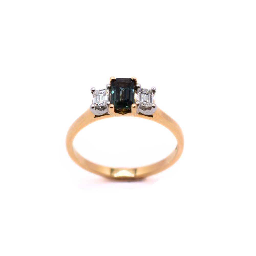 18ct Yellow Gold Teal Sapphire And Diamond Trilogy Ring