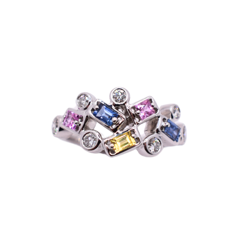 18ct White Gold Diamond Pink, Yellow And Blue Sapphire Ring