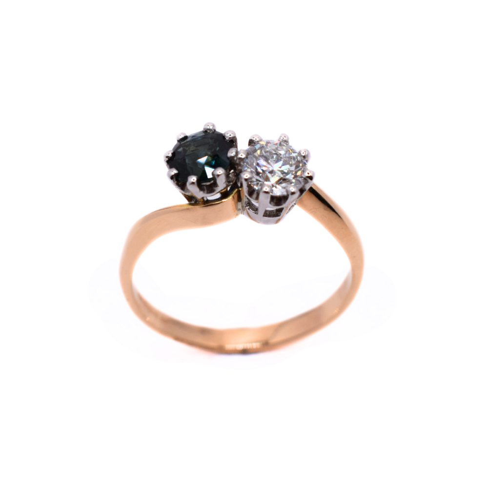 18ct Rose Gold Lab Grown Diamond And Dark Blue Sapphire Toi Et Moi Ring