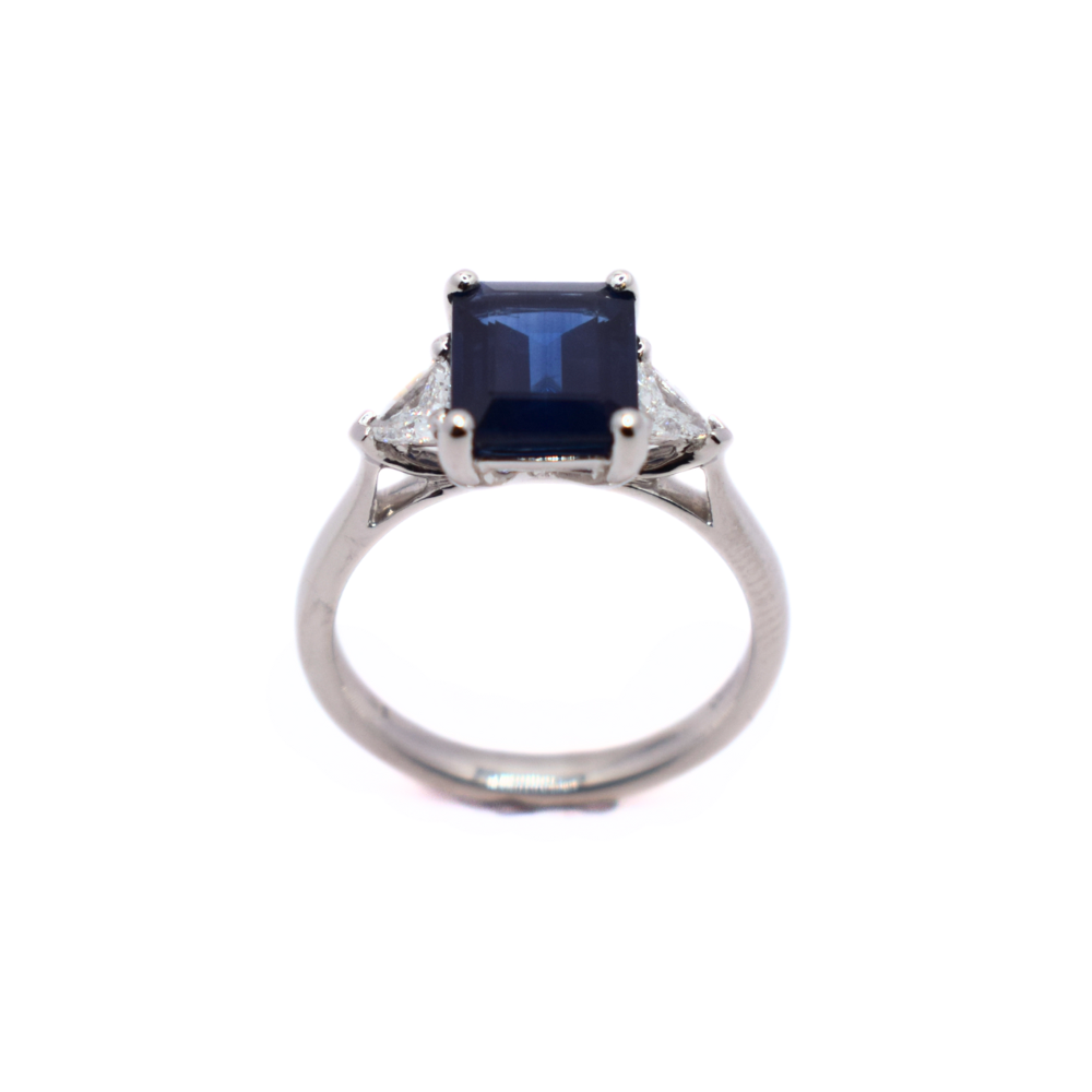 Platinum Sapphire And Trillion Diamond Trilogy Ring