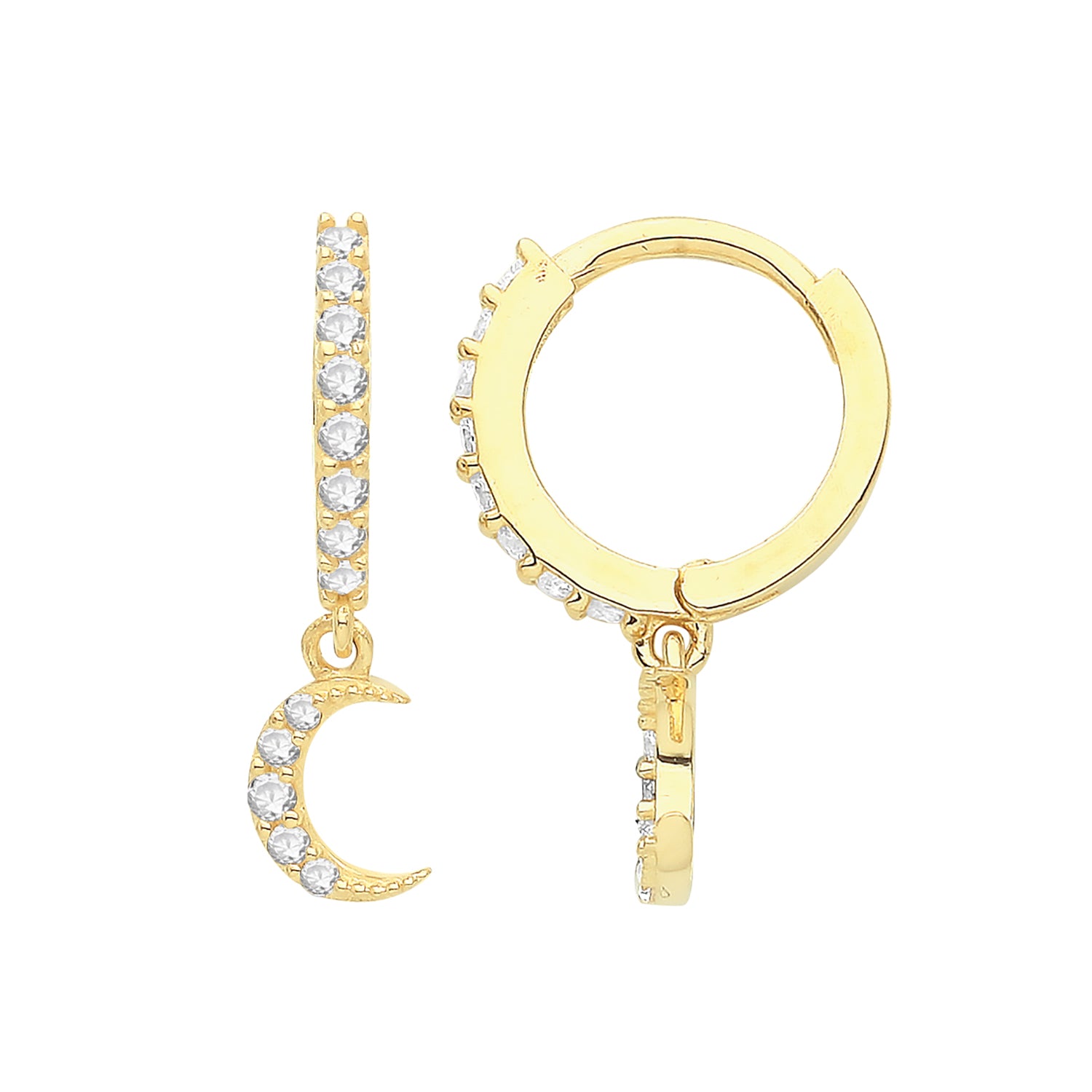 Cubic Zirconia Moon Hoops In 9ct Yellow Gold