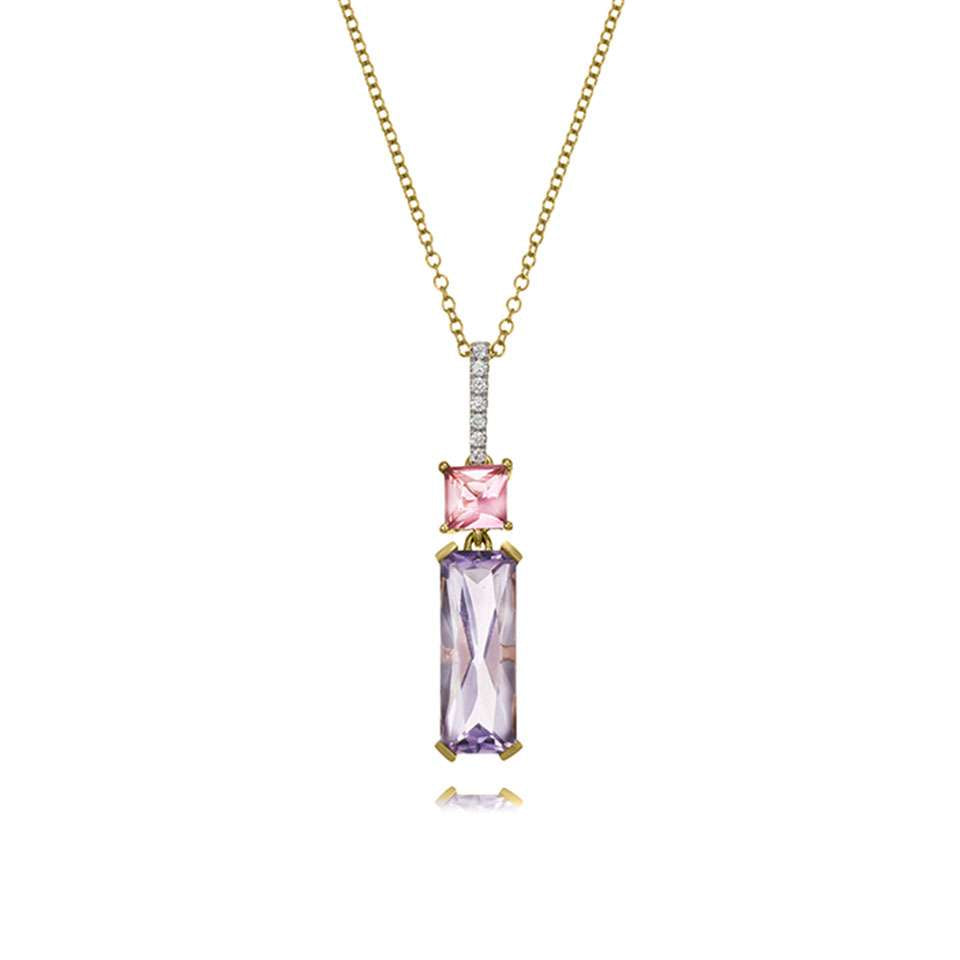 Pink Tourmaline, Diamond & Amethyst Necklace In 18ct Yellow Gold