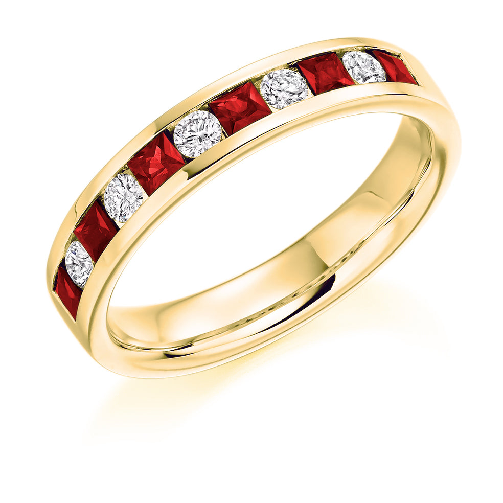 Channel Set Round and Princess Cut Ruby and Diamond Ring