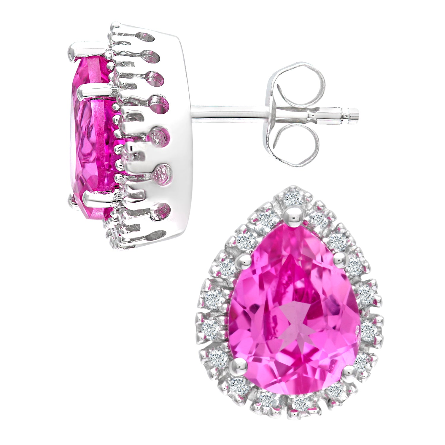 Simplicity Pear Shaped Pink Sapphire and Diamond Halo Stud