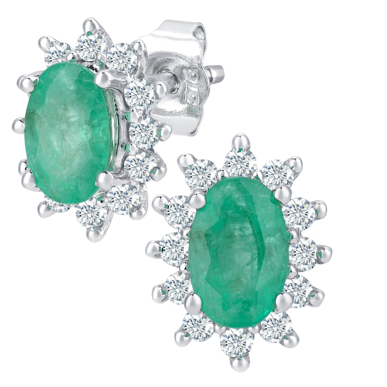 Simplicity White Gold Oval Shaped Emerald and Diamond Cluster Stud