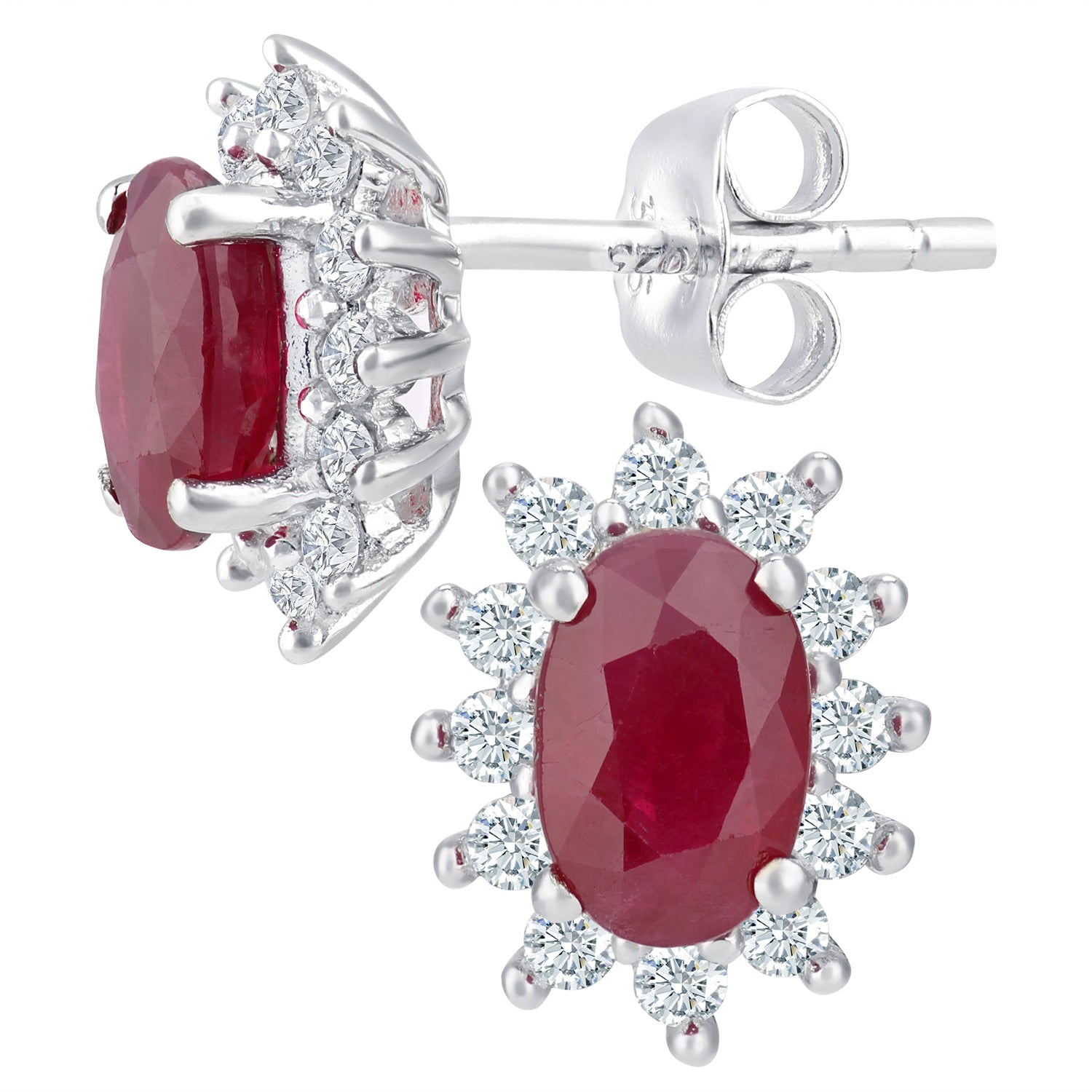 Simplicity White Gold Oval Shaped Ruby and Diamond Cluster Stud