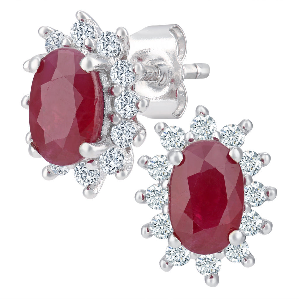 Simplicity White Gold Oval Shaped Ruby and Diamond Cluster Stud