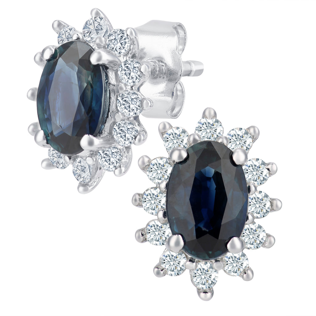 Simplicity White Gold Oval Shaped Sapphire and Diamond Cluster Stud