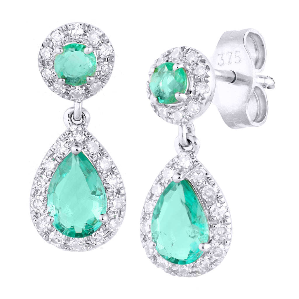 Simplicity White Gold Emerald and Diamond Halo Pear Shape Dropper
